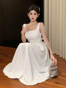 DAZY 女士纯色方领优雅夏季连衣裙，宽肩带舞会礼服，太阳裙，婚礼礼服