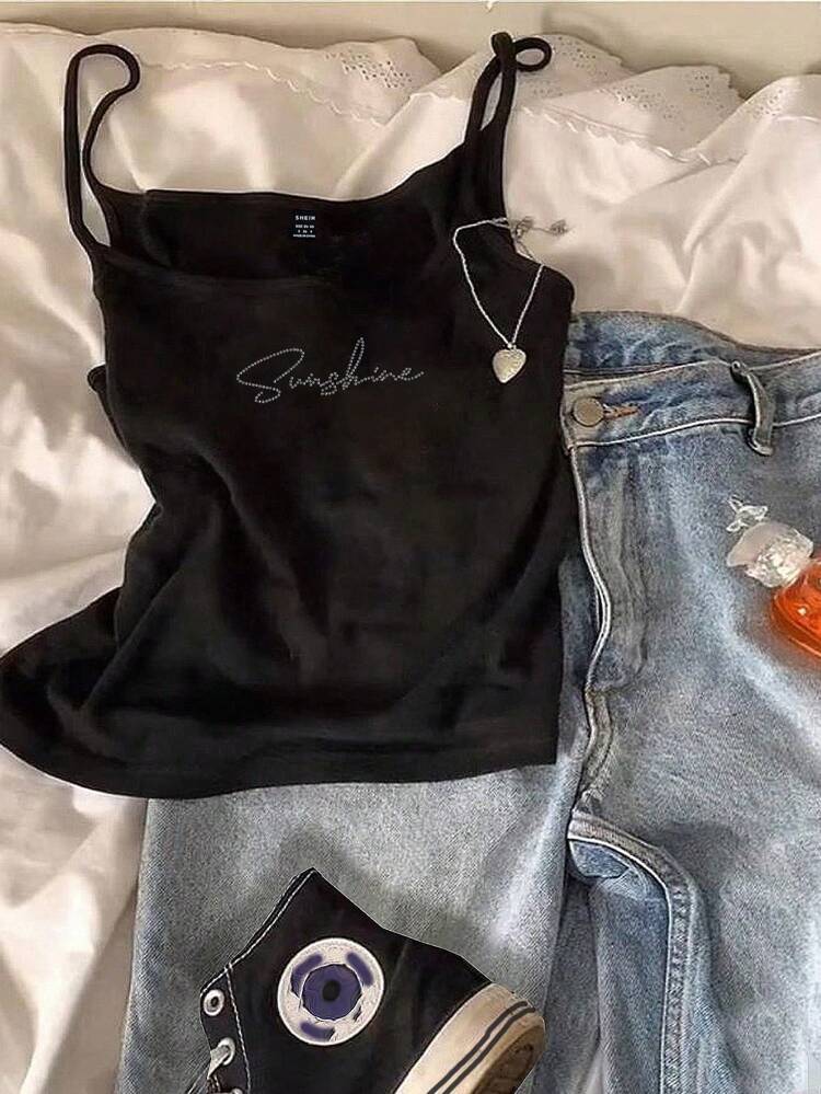 Ladies' Casual Rhinestone Embellished Black Tight Tank Top, Summer