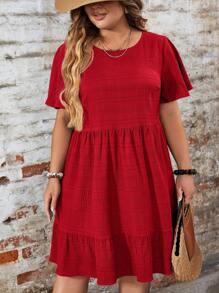 SHEIN LUNE Vestido de manga corta con cuello redondo y volante en el bajo, unicolor, talla grande, para el verano