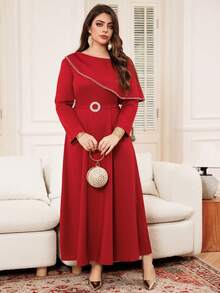 Rochie Arabă De Femei Cu Mânecă Lungă Bordeaux Gât Asimetric Impodobit cu Strass Cu Curea