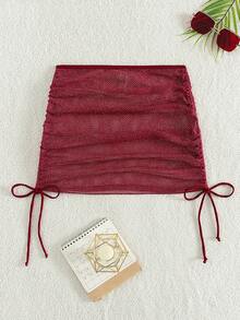 SHEIN Swim Váy có dây rút xếp li màu trơn dành cho nữ - Đỏ - Xem 2