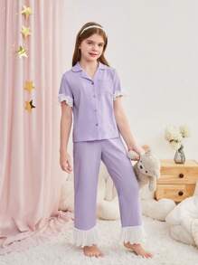 SHEIN 少女優雅簡約領子睡衣套裝，配有蕾絲飾邊，袖子和下擺，可與兄弟姊妹裝配對，分售（2套） - 淡紫色 - 查看 5