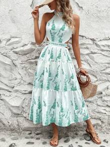 SHEIN LUNE Vestido de vacaciones para mujer con cuello halter impreso, sin mangas y con detalle de huecos y dobladillo de volantes
