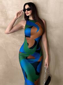 SHEIN Essnce 女士時尚拼色印花襯壓袖無袖連衣裙，彈性腰圍適用於夏季修身長連衣裙休閒長裙 - 彩色 - 查看 5