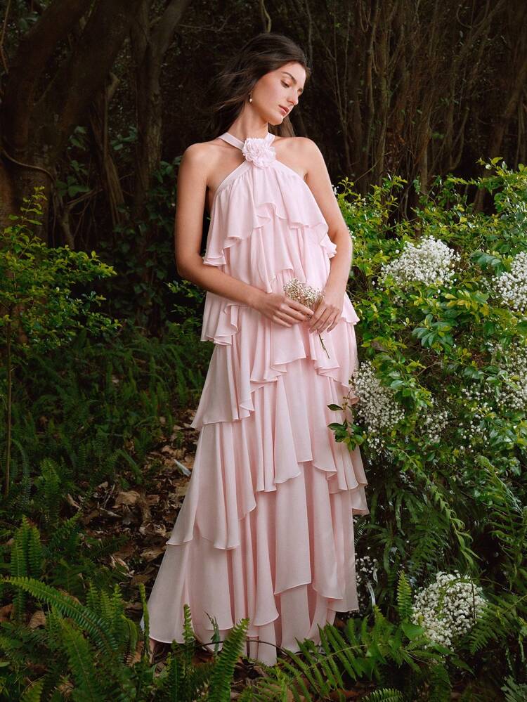 STEREO FLOWER DETAIL LAYERED RUFFLE HEM HALTER DRESS,HOLIDAY PARTY BIRTHDAY FORMAL EVENING OCCASSION