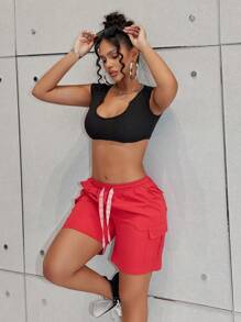 Rave Street Solid Contrast Drawstring Elastic Waist Flap Pocket Straight Leg Spring Casual Cargo Shorts - Red - View 3