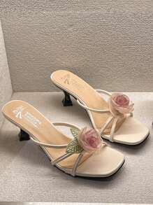 女士3D花卉重負載馬卡龍色高跟涼鞋，隨機雙色花卉裝飾