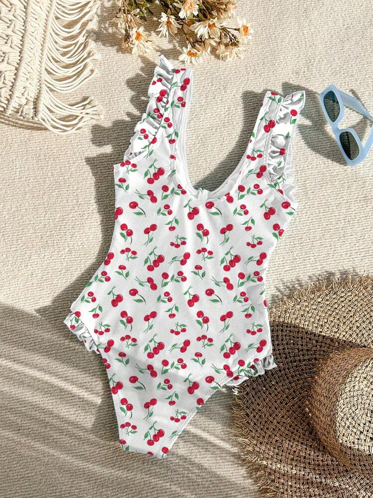 Swim Mod V領水果印花泳衣，夏日沙灘必備，配有荷葉邊 - 黑色 - 查看 2