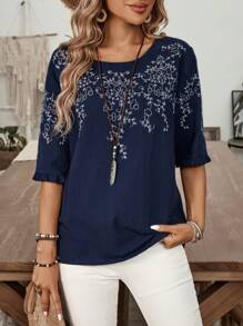 EMERY ROSE Linen Embroidered Women's Casual Round Neck Summer Top Shirt