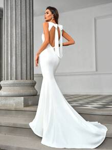SHEIN Belle Elegant, Gorgeous, Romantic, Sexy, Bow Decorated Fish Tail Wedding Dress With Ultra-Long Train White Bridal Dress,Bride
