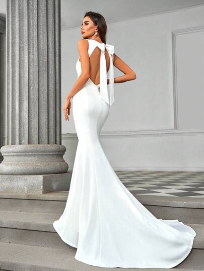 SHEIN Belle Elegant, Gorgeous, Romantic, Sexy, Bow Decorated Fish Tail Wedding Dress With Ultra-Long Train White Bridal Dress,Bride