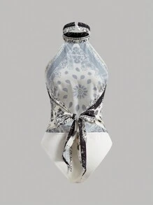 SHEIN Privé Summer Vacation Paisley Printed Backless Halter Neck Bodysuit With Belt - Beige - View 2