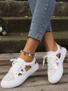Summer Hollow Out Breathable Women's Flat White Sneakers, Fashionable Casual Sports Shoes For Women