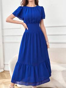 Modelyn Abito da donna lungo, casual, estivo, a tinta unita, con scollo tondo e vita stretta - Blu reale - Visualizzare 3