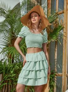 Women's Green Square Neck Short-Sleeved Slim Top + Green Mid-Length Cake Skirt And Girls' Square Neck Long Sleeve Athletic Top + Casual Cross Casual Long Pants Family Matching Outfits (4 Sets Sold Separately) - Green - View 4