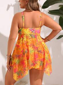 Swim Lushoire Plus Size Women's Vacation Tropical Plant Printed Asymmetric Hem Casual Strappy Swimsuit Dress Summer