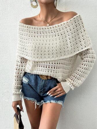 SHEIN PETITE Women's Spring/Summer Solid Color Off Shoulder Long Sleeve Hollow Out Loose Cover Up Top
