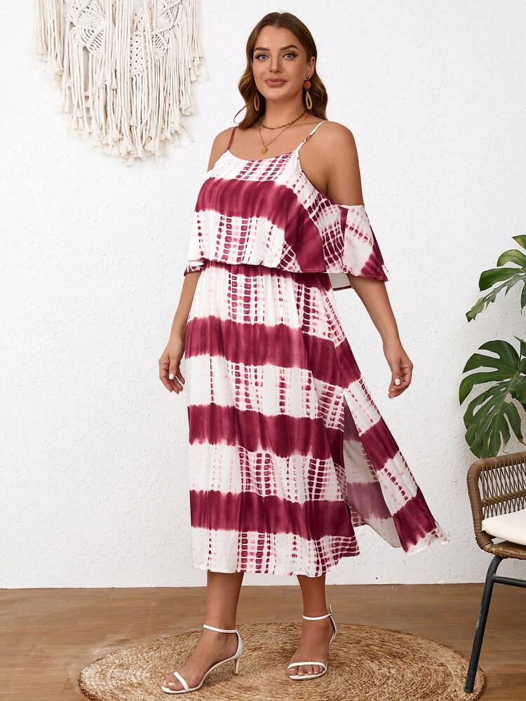 Plus Size Printed Open Shoulder Casual Vacation Style Summer Tank Dress