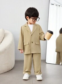 SHEIN Leap Crew 2pcs/Set Young Boys' Casual And Comfortable College Style Simple Practical Suit Set, Including Blazer Jacket And Suit Pants, Loose Fitting And Breathable, Suitable For Daily Wear, School, Traveling, And Sports, For Spring, Autumn, And Winter Seasons - Khaki - View 3