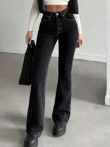 Ladies' Flare Jeans With Pockets - Dark Grey - View 1