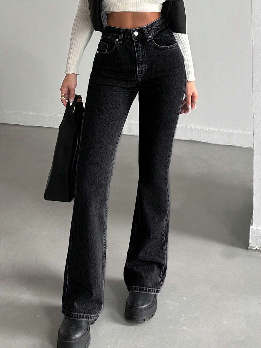 Ladies' Flare Jeans With Pockets - Dark Grey - View 1