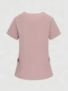 TaskEZ Áo thun cổ chữ V nhún bèo cho nữ - Áo cánh cổ chữ V nhún bèo màu hồng, Áo đồng phục y tá cổ chữ V tay ngắn cho nữ có 2 túi - Bụi hồng - Xem 4