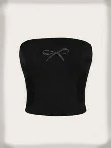 Attitoon Women's Strapless Rhinestone Bowknot Slim Casual Top For Summer - Black - View 3