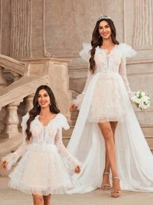 SHEIN Belle Elegancka krótka suknia ślubna z głębokim dekoltem w kształcie litery V, z długim rękawem i odpinanym trenem - Biały - Zobacz 8