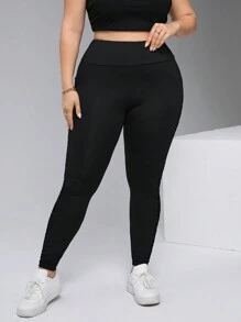 SHEIN Essnce Women's Plus Size Black Mesh Splicing Leggings, Semi-Transparent Fashionable And Versatile For Casual Occasions - Black - View 3