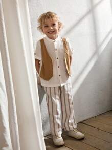Cozy Pixies Conjunto informal de niño con cárdigan bicolor 2 en 1 y pantalones a rayas