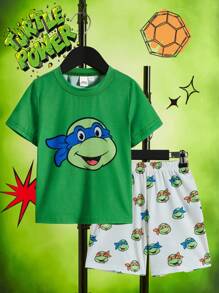 TEENAGE MUTANT NINJA TURTLES | SHEIN 男童绿色卡通印花短袖上衣短裤套装夏季家居服套装 - 綠色 - 查看 1