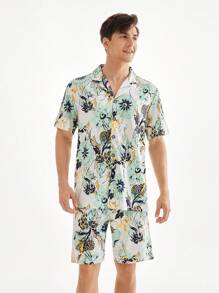 Men's Summer Floral Printed Short Sleeve Shorts Homewear Set