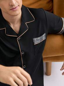 男士方格拼接短袖衛衣和短褲家居服套裝 - 黑色 - 查看 9