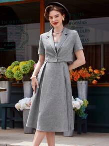 Vintamour 复古优雅女士 2 件春夏套装，方领无袖吊带背心连衣裙和短袖短款西装外套，灰色通勤装夏季连衣裙夏季装商务专业中长款女士连衣裙老钱装演唱会女士装女士复古服装乡村演唱会装老钱美学办公室装女士套装