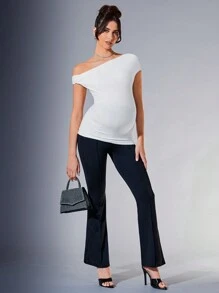 MaterniChic 孕婦舒適午後優雅年輕和成熟斜肩短袖長修身T卹