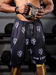 Manfinity Sport PWRUP Boyfriend Style Men's Drawstring Lion Printed Casual Sports Shorts Jogger Shorts