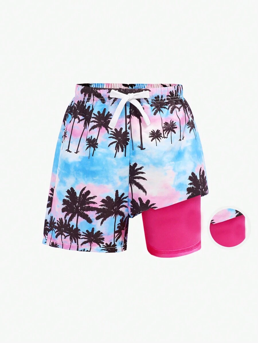 SHEIN Tween Boy Casual 2 In 1 Coconut Tree Pattern Swim Trunks SHEIN UK