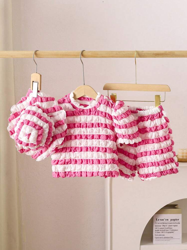 Young Girl Summer Striped Round Neck Short Puff Sleeve Top And Shorts Lovely 2pcs/Set