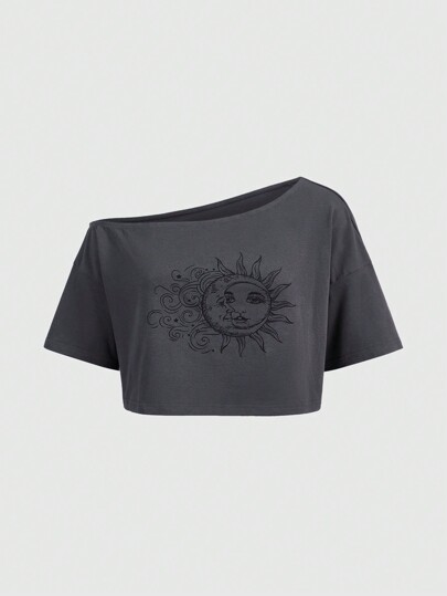 Hippie Plus Size Women's Sun Face Printed Asymmetric Collar T-Shirt