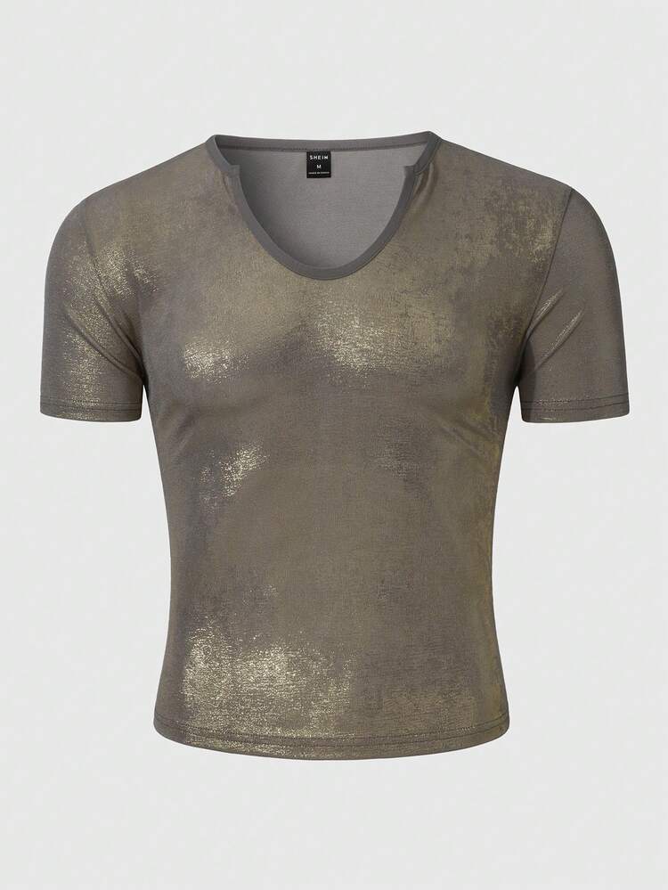 Men's Solid Color Short Sleeved T-Shirt With Small U-Neck For Summer