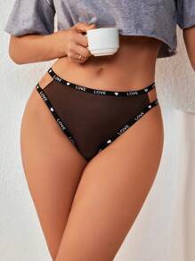 Braguita triangular con impresión de corazones y letras para mujer, con tirantes elásticos para uso diario y deportivo - Negro - Ver 2