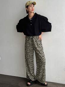 FRIFUL 女性休閒時尚豹紋寬腿褲 - 綠色 - 查看 2