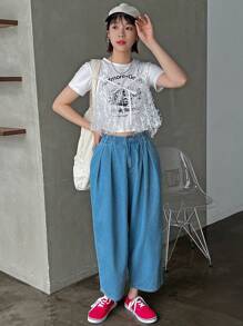 FRIFUL Top tipo "babydoll" con lazo decorativo y diseño calado en unicolor para mujer - Blanco - Ver 2