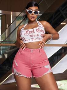 SHEIN SXY Plus Size Women's Fashion Slim Fit High Waist Ripped Denim Shorts - Pink - View 3