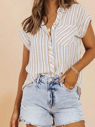 Women's Vertical Striped Notched Collar Summer Shirt