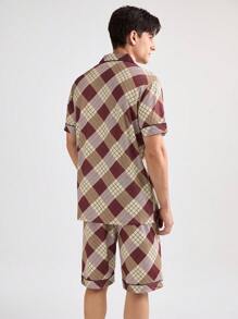 Men's Fashion Plaid Short Sleeve Shirt And Pants Homewear Set - Red - View 2