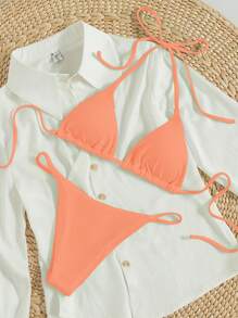 Swim Mod Women's Summer Beach Solid Color Halter Neck Strap Sexy Bikini Set - Coral Pink - View 5