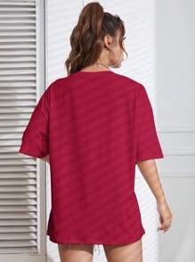 INAWLY Women's Summer Solid Color Round Neck Drop-Shoulder Casual Casual T-Shirt - Red - View 2