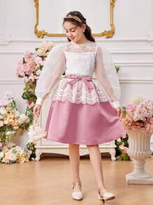 少女圓領燈籠袖網紗刺繡襯衫，附腰帶和裙子套裝