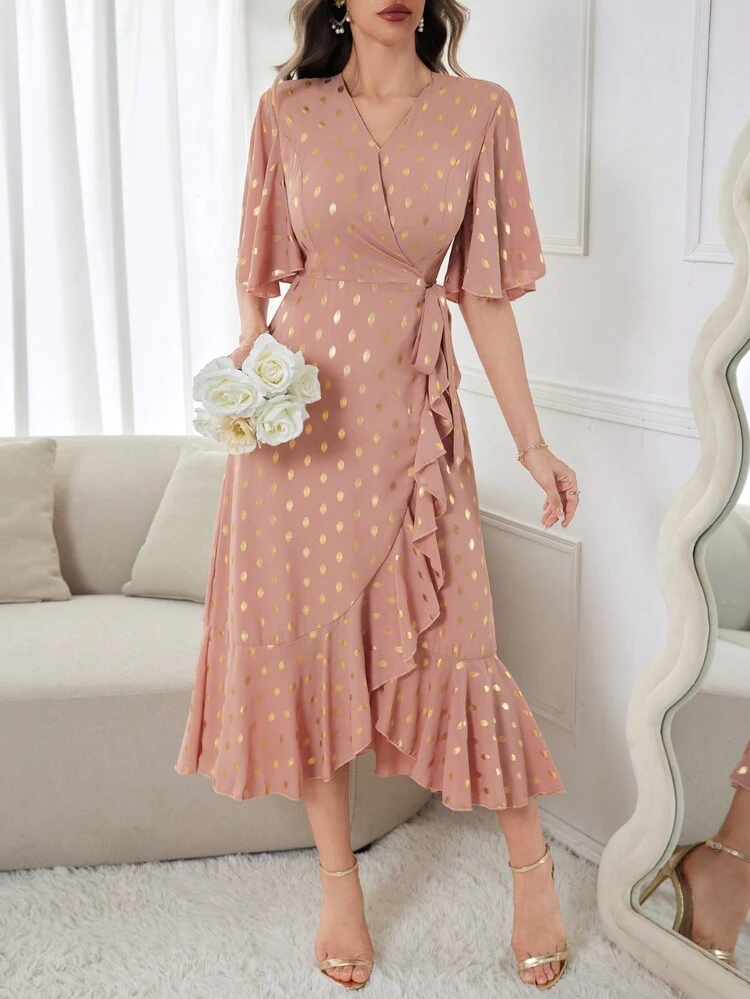 Women's Gold-Color Printed Butterfly Sleeve Wrap Dress With Ruffled Hem And Tie Waist Long Evening Dresses